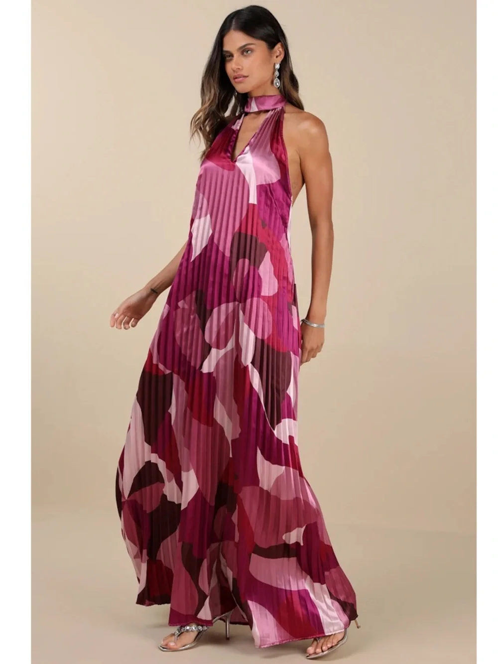 NWT Lulu’s Prime Poise Pink Multi Abstract Satin Halter Maxi Dress Medium Chic